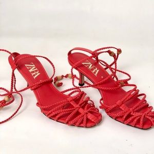 Zara Mid Height Wrap Around Fisherman Heels Red 39